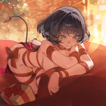 1girl absurdres animal_ears arm_rest black_hair blurry blurry_background blush box breasts christmas_tree closed_mouth commentary_request couch earrings gift gift_box green_eyes head_rest highres jane_doe_(zenless_zone_zero) jewelry large_breasts long_hair looking_at_viewer mouse_ears mouse_girl mouse_tail multicolored_hair naked_ribbon on_couch red_hair red_ribbon ribbon sharp_tail smile solo tail tian_luo_bo zenless_zone_zero
