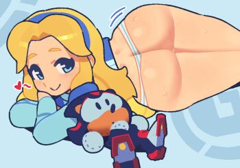 1boy 1girl ass ass_focus blonde_hair blue_background blue_eyes blue_hairband blue_shirt blush butt_crack character_doll closed_mouth doll from_behind hairband heart legs_together loli long_hair long_sleeves looking_at_viewer looking_back lying maria_robotnik no_pants on_side on_stomach panties shirt simple_background smile solo sonic_(series) sonic_the_hedgehog_(classic) striped_clothes striped_panties sweat thighs thong underwear yono5