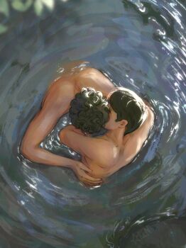 2boys black_hair brown_hair commentary dprkives english_commentary from_above hand_on_another's_back heated_rivalry highres ilya_rozanov kiss leaf male_focus multiple_boys nude outdoors partially_submerged plant ripples shane_hollander water wavy_hair yaoi