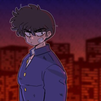 1boy bags_under_eyes bandage_on_face bandages black_eyes blood blood_drip brown_hair cityscape closed_mouth kunou_tatewaki loose_hair_strand male_focus outline ranma_1/2 school_uniform solo upper_body v-shaped_eyebrows wanta_(futoshi)