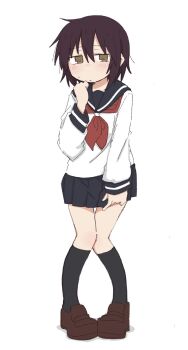 1girl black_socks blue_sailor_collar blue_skirt blush brown_eyes brown_hair brown_shoes clenched_hand closed_mouth female_focus flat_chest full_body half-closed_eyes hand_up have_to_pee kneehighs knees_together_feet_apart kude_rei_(ponnu_(tnpn2yw)) large_variant_set long_sleeves looking_at_viewer miniskirt neckerchief nervous nose_blush original pigeon-toed pleated_skirt ponnu_(tnpn2yw) red_neckerchief sailor_collar school_uniform serafuku shirt shoes short_hair sidelocks simple_background skirt skirt_hold socks solo standing sweat variant_set white_background white_shirt