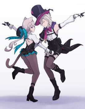 Rule 34 | 1boy, 1girl, absurdres, animal ears, ass, backless dress, backless outfit, black dress, black footwear, black gloves, black headwear, boots, bow, bowtie, brother and sister, cat ears, cat tail, closed eyes, commentary, detached sleeves, dress, genshin impact, gloves, gradient background, grey background, grey hair, grey pantyhose, grey thighhighs, hat, high heel boots, high heels, highres, jrpulse, juliet sleeves, la la land, long sleeves, low ponytail, lynette (genshin impact), lyney (genshin impact), pantyhose, parody, ponytail, puffy sleeves, purple bow, purple bowtie, shirt, short hair, shrug (clothing), siblings, single bare shoulder, tail, thigh strap, thighhighs, top hat, white shirt