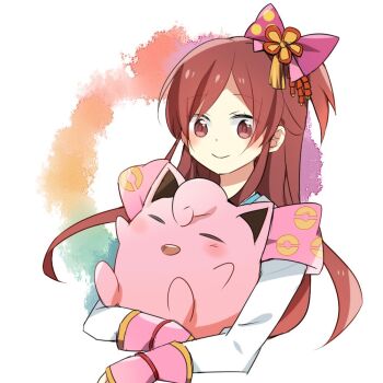 arms_up blush closed_eyes gen_1_pokemon hair_ribbon holding holding_pokemon japanese_clothes jigglypuff kimono long_hair nintendo oichi_(pokemon_conquest) oichi_(sengoku_musou) poke_ball_print pokemon pokemon_(creature) pokemon_conquest ponytail red_eyes red_hair ribbon sengoku_musou smile source_request swept_bangs