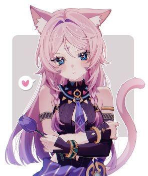 1girl :t animal_ear_fluff animal_ears asymmetrical_gloves bare_shoulders black_gloves blue_eyes blush braid breasts cat_ears cat_tail citlali_(genshin_impact) closed_mouth crossed_arms fingerless_gloves flower genshin_impact gloves gradient_hair heart highres holding holding_flower kemonomimi_mode long_hair looking_at_viewer multicolored_hair pink_hair pink_pupils pink_tail purple_flower purple_hair solo speech_bubble spoken_heart tail twin_braids uneven_gloves upper_body very_long_hair woolly_(ll_0o0)