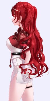 Rule 34 | 1girl, absurdres, arm at side, ass, belt, black belt, blair rose, bow, breasts, closed mouth, commentary, cowboy shot, drill hair, earrings, eruthu, flower earrings, frilled shirt, frills, from side, glove bow, gloves, highres, indie virtual youtuber, jewelry, large breasts, long hair, miniskirt, pencil skirt, profile, red bow, red hair, red shirt, shirt, side slit, simple background, skindentation, skirt, solo, standing, strapless, strapless shirt, thigh strap, two side up, untranslatable commentary, very long hair, virtual youtuber, white background, white gloves, white shirt, white skirt