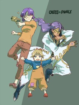 1boy 2girls blonde_hair blue_eyes chrono_cross chrono_trigger closed_mouth full_body glasses guile_(chrono_cross) gun high_ponytail holding holding_gun holding_weapon kid_(chrono_cross) long_hair looking_at_viewer lucca_ashtear multiple_girls open_mouth ponytail purple_hair ryon_(yasagure_un) short_hair smile spy_x_family weapon