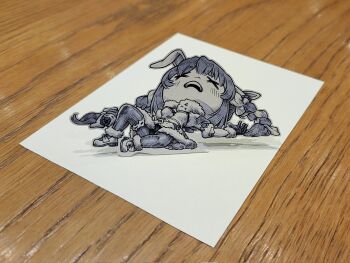 Rule 34 | 1girl, animal ears, braid, chibi, commentary, corrupted twitter file, don-chan (usada pekora), english commentary, frown, fur-trimmed gloves, fur trim, gloves, greyscale, highres, hololive, jqhnharqld, lying, monochrome, multicolored hair, on back, open mouth, pantyhose, paper child, papercraft (medium), photo (medium), rabbit ears, rabbit girl, solo, thigh strap, twin braids, two-tone hair, unconventional media, usada pekora, usada pekora (1st costume), virtual youtuber, x x