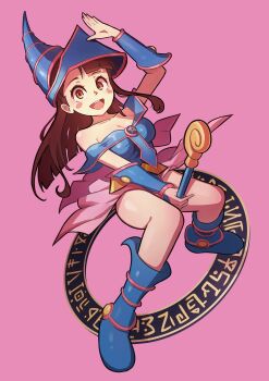 1girl :d absurdres alt_text bare_shoulders blue_boots blue_dress blue_hat blush_stickers boots breasts brown_eyes brown_hair cleavage collarbone commentary cosplay dark_magician_girl dark_magician_girl_(cosplay) dress english_commentary hat highres holding holding_wand kagari_atsuko little_witch_academia madabau open_mouth pink_background pink_skirt short_dress skirt smile solo teeth upper_teeth_only wand wizard_hat yu-gi-oh!