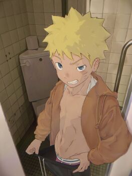 Rule 34 | 1boy, black pants, blonde hair, blue eyes, facial mark, highres, jacket, ken woofwoof, male focus, male underwear, naruto (series), open clothes, open jacket, orange jacket, pants, pulling own clothes, red male underwear, spiked hair, toilet, underwear, uzumaki naruto, whisker markings