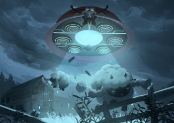 5others absurdres animal_focus beetle bug cloud cloudy_sky farm floating gen_8_pokemon gigantamax gigantamax_orbeetle glowing glowing_eyes highres horns insect king_joe_(neoroto) multiple_others nintendo no_humans orbeetle outdoors pokemon pokemon_(creature) pokemon_focus sheep sheep_horns sky ufo wooloo