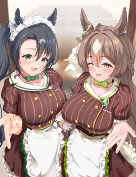 2girls absurdres animal_ears apron black_hair blush bow bow_choker braid breasts brown_eyes brown_hair brown_shirt brown_skirt choker collarbone commentary_request double-parted_bangs ear_ornament ear_ribbon ear_through_crown gem green_bow green_eyes green_gem hair_between_eyes half_up_braid highres horse_ears horse_girl large_breasts long_hair looking_at_viewer maid multicolored_hair multiple_girls one_eye_closed open_mouth p1_fcoyaa satono_crown_(umamusume) satono_diamond_(umamusume) shirt short_sleeves side_ponytail skirt smile streaked_hair umamusume very_long_hair waitress white_apron white_hair white_headdress