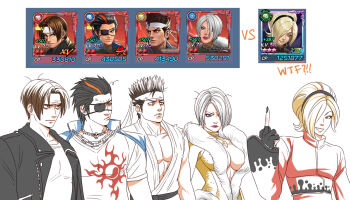 Rule 34 | 1girl, 4boys, anger vein, annoyed, ash crimson, breasts, cleavage, constricted pupils, defeat, hair over one eye, highres, hwoarang (tekken), isabella valentine, kusanagi kyou, large breasts, middle finger, multiple boys, namco, sega, smile, snk, soul calibur, soulcalibur, soulcalibur v, tekken, tekken 7, the king of fighters all-stars, virtua fighter, yuki akira