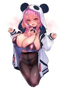 1girl absurdres aged_up ahoge alternate_breast_size_(larger) animal_hood black_bra black_choker black_hoodie black_panties black_pantyhose blush bra breasts choker cleavage collarbone cropped_legs earrings fang hair_ornament hairclip highres hood hoodie huge_breasts jewelry kagami_uekusa long_sleeves looking_at_viewer medium_hair mole mole_on_breast mole_under_eye navel nijisanji open_clothes open_hoodie open_mouth panda_hood panda_ornament panties pantyhose pink_eyes pink_hair sasaki_saku sasaki_saku_(11th_costume) skin_fang smile solo star_(symbol) star_earrings stomach sweat thighs two-tone_hoodie underwear virtual_youtuber white_background white_hoodie