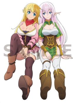 Rule 34 | 2girls, ahoge, anime coloring, bare shoulders, blonde hair, blue eyes, bracer, braid, breasts, cleavage, closed mouth, collarbone, corset, earrings, elf, full body, hair between eyes, jewelry, large breasts, long hair, long sleeves, multiple girls, outstretched legs, overskirt, pink hair, pointy ears, red corset, red overskirt, red scarf, rit (shin no nakama), sample watermark, scarf, shin no nakama janai to yuusha no party wo oidasareta no de henkyou de slow life suru koto ni shimashita, simple background, sitting, smile, tareme, thighhighs, thighs, watanabe ruriko, watermark, white background, yarandrala, zettai ryouiki