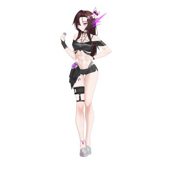 Rule 34 | 1girl, abs, absurdres, anklet, antennae, belly, bracelet, breasts, brown hair, commission, commissioner upload, dusk (wayanfa), eyelashes, hair ornament, hand on own hip, highres, jewelry, knees, legband, navel, non-web source, original, petite, pink eyes, rhan, shoes, small breasts, smile, solo, swimsuit, thighs, transparent background
