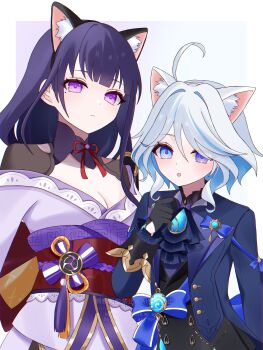 2girls :o ahoge animal_ear_fluff animal_ears ascot bad_id bad_pixiv_id black_gloves blue_ascot blue_eyes blue_hair blue_jacket blue_pupils breasts cat_ears cleavage commentary_request drop-shaped_pupils furina_(genshin_impact) genshin_impact gloves grey_background hair_between_eyes hand_up heterochromia highres hydro_symbol_(genshin_impact) jacket japanese_clothes kemonomimi_mode kimono kino_(curry_pan) light_blush light_frown long_hair looking_at_viewer medium_breasts mole mole_under_eye multicolored_hair multiple_girls obi ouji_fashion purple_eyes purple_hair purple_kimono raiden_shogun red_sash revision sash streaked_hair symbol-shaped_pupils twitter_username upper_body very_long_hair vision_(genshin_impact) white_hair