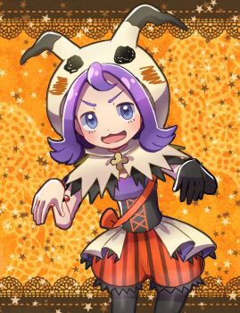 Rule 34 | 1girl, acerola (fall 2020) (pokemon), acerola (pokemon), bead bracelet, beads, black pantyhose, bracelet, capelet, commentary request, cowboy shot, flipped hair, gloves, hands up, hood, hood up, hooded capelet, jewelry, looking at viewer, nintendo, official alternate costume, open mouth, orange shorts, pantyhose, pokemon, pokemon masters ex, purple hair, shorts, shugara, single glove, smile, solo, star (symbol), striped clothes, striped shorts, tongue, torn capelet, torn clothes, vertical-striped clothes, vertical-striped shorts, yellow capelet