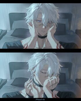 2boys akabane_yu antenna_hair arm_tattoo bedroom black_choker black_shirt blue_eyes chinese_commentary choker commentary_request flame_reaver_of_the_deepest_dark hands_on_another's_cheeks hands_on_another's_face highres honkai:_star_rail honkai_(series) kiss kissing_hand male_focus multiple_boys mydei_(honkai:_star_rail) neck_tattoo parted_bangs phainon_(honkai:_star_rail) scar scar_on_face shirt short_hair tattoo wet wet_hair white_hair yaoi