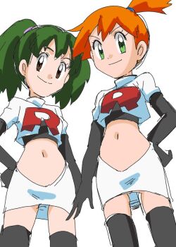 2girls black_gloves brown_eyes closed_mouth cosplay crop_top cropped_jacket duplica_(pokemon) elbow_gloves gloves green_eyes green_hair hainchu hand_on_own_hip jacket jessie_(pokemon) jessie_(pokemon)_(cosplay) looking_at_viewer midriff misty_(pokemon) multiple_girls navel nintendo orange_hair pokemon pokemon_(anime) pokemon_(classic_anime) shirt short_hair side_ponytail simple_background skirt smile standing team_rocket team_rocket_uniform twintails white_background white_jacket white_skirt
