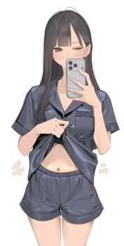 Rule 34 | 1girl, ama mitsuki, black hair, black pajamas, black shirt, black shorts, cellphone, clothes lift, commentary request, highres, holding, holding phone, lifting own clothes, long hair, navel, one eye closed, original, pajamas, phone, shirt, shirt lift, short sleeves, shorts, simple background, smartphone, solo, standing, stomach, straight hair, textless version, thighs, white background
