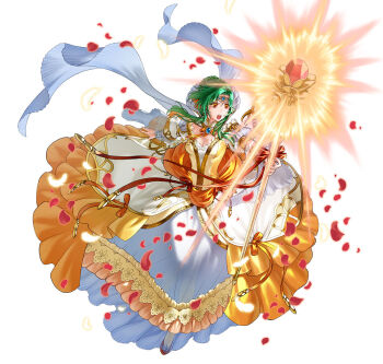 1girl alternate_costume breasts cleavage dress elincia_ridell_crimea elincia_ridell_crimea_(devoted_queen) female_focus fire_emblem fire_emblem:_radiant_dawn fire_emblem_heroes frilled_dress frilled_sleeves frills green_eyes green_hair hair_bun high_heels holding holding_staff juliet_sleeves light long_sleeves medium_breasts nintendo official_alternate_costume official_art open_mouth petals puffy_sleeves red_footwear shine solo staff white_background yellow_dress