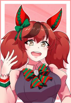 1girl animal_ears blush bow breasts brown_eyes brown_hair ear_bow ear_covers ear_ornament ear_ribbon green_bow highres horse_ears horse_girl long_sleeves looking_at_viewer medium_hair multicolored_hair neferkitty nice_nature_(poinsettia_ribbon)_(umamusume) nice_nature_(umamusume) open_mouth shirt smile solo streaked_hair twintails umamusume