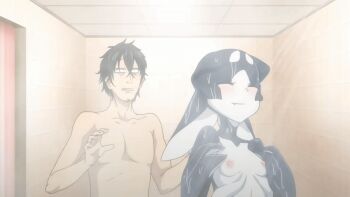 10s 1boy 1girl 2017 age_difference animated animated_gif bathing bathtub black_hair blue_eyes blush breasts facial_hair fang fins fish_girl hal_(zton_jingai_animation:_a_beautiful_greed) hetero indoors kuku_(zton) loli monster_girl nipples one_eye_closed orca orca_girl showering size_difference small_breasts smile stubble tagme tail tile_wall tiles wet wink z-ton zton_jingai_animation:_a_beautiful_greed_nulu_nulu