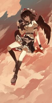 Rule 34 | 1girl, absurdres, black socks, boots, breasts, brown boots, brown wings, camera, chinese commentary, cloud, collared shirt, commentary request, feathered wings, flying, frilled skirt, frills, full body, geta, hat, highres, holding, holding camera, kenkxx, kneehighs, lace-up boots, looking at viewer, open mouth, outdoors, pom pom (clothes), puffy short sleeves, puffy sleeves, red eyes, red hat, shameimaru aya, shirt, short sleeves, skirt, small breasts, smile, socks, solo, tengu-geta, tokin hat, touhou, white shirt, wings