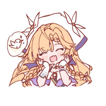 1girl bird braid closed_eyes commentary_request facing_viewer fingerless_gloves gloves hands_on_own_face hat highres lancaolinyin light_blush long_hair looking_at_viewer open_mouth orange_hair sigrika_(wuthering_waves) simple_background smile solo spoken_animal twin_braids white_background white_gloves white_hat wuthering_waves