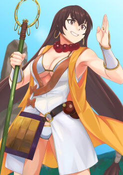 1girl abhaya_mudra absurdres bangle bead_necklace beads bra bracelet breasts brown_eyes brown_hair chinese_clothes cleavage coat commentary earrings fate/grand_order fate_(series) gourd grin hair_between_eyes hands_up headpiece highres holding holding_staff hoop_earrings jacket jewelry large_breasts long_coat long_hair long_sleeves looking_at_viewer necklace no_headwear o-ring open_clothes open_coat outstretched_arm panties plunging_neckline ring shakujou sleeveless sleeveless_coat smile solo staff standing tara-illust teeth underboob underwear very_long_hair white_bra white_jacket white_panties xuangzang_sanzang_(fate) xuangzang_sanzang_(first_ascension)_(fate) yellow_coat