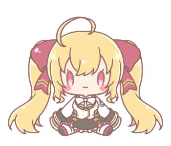 Rule 34 | 1girl, :3, ahoge, black skirt, blonde hair, blush stickers, bow, chibi, closed mouth, collared shirt, commentary request, frilled skirt, frills, hair between eyes, hair bow, highres, jacket, long hair, long sleeves, mitarashi neko, nijisanji, purple bow, purple eyes, purple shoes, shirt, shoe soles, shoes, simple background, sitting, skirt, sleeves past fingers, sleeves past wrists, solo, takamiya rion, takamiya rion (1st costume), thighhighs, twintails, very long hair, virtual youtuber, white background, white bow, white jacket, white shirt, white thighhighs