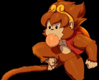 animal animal_ears crown eating excited fangs food fruit furry monkey monkey_ears monkey_tail orange_fur orange_hair peach sharp_teeth tail teeth third-party_edit tovio_rogers vest