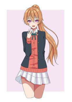 Rule 34 | 1girl, :d, black jacket, border, brown hair, cardigan, commentary, cowboy shot, cropped legs, high ponytail, highres, ilkraz aoi, jacket, konoe kanata, looking at viewer, love live!, love live! nijigasaki high school idol club, miniskirt, nijigasaki school uniform, open clothes, open jacket, open mouth, outside border, pleated skirt, ponytail, purple background, purple eyes, red cardigan, school uniform, simple background, skirt, smile, solo, white border, white skirt, winter uniform