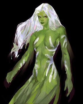 1girl absurdres arm_markings black_background body_markings colored_skin commentary drop_shadow english_commentary floating_hair green_skin highres long_hair looking_at_viewer mermaid monster_girl original painterly red_eyes serious simple_background solo twulfs white_hair