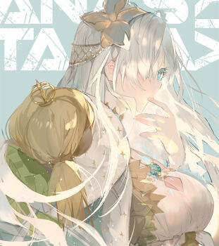 Rule 34 | 1girl, anastasia (fate), blue eyes, breasts, character name, cleavage cutout, clothing cutout, cropped, diamond cutout, doll, fate/grand order, fate (series), finger in own mouth, from side, hair over one eye, hairband, hand up, jewelry, long hair, looking ahead, medium breasts, necklace, solo, suzuhi (fullprayer), upper body, viy (fate), white hair