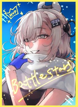 Rule 34 | 1girl, blue background, blue gloves, blush, border, breasts, commentary request, english text, fingerless gloves, gloves, grey eyes, grey hair, grin, hagioshi, hair between eyes, hair ornament, hair over one eye, headgear, kantai collection, looking at viewer, medium breasts, mvp, one-piece swimsuit, scarf, smile, solo, sparkle, swimsuit, upper body, wahoo (kancolle), white scarf, yellow border