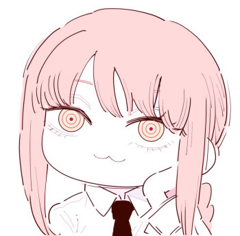 1girl :3 chainsaw_man chibi chibi_only closed_mouth collared_shirt deer60868637 hand_on_own_cheek hand_on_own_face limited_palette looking_at_viewer makima_(chainsaw_man) necktie pink_hair ringed_eyes shirt sidelocks solo yellow_eyes