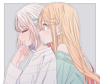 2girls blue_ribbon border braid closed_eyes closed_mouth commentary_request gakuen_idolmaster green_sweater grey_background hair_ribbon half_up_braid highres hug hug_from_behind idolmaster katsuragi_lilja kousaka_0v0 long_hair multiple_girls off-shoulder_sweater off_shoulder open_mouth orange_hair outline ribbon ribbon_braid shirt shiun_sumika simple_background smile sweater white_border white_hair white_outline white_shirt yuri