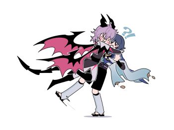 !? 2boys aracanthus38633 artist_name black_boots black_bow black_coat black_horns black_sandals black_shorts black_tail blank_eyes blue_cape blue_kimono blunt_ends blush boots bow bridal_legwear cape closed_eyes coat coattails commentary dragon_boy dragon_horns dragon_tail dragon_wings english_commentary feathers furisode genshin_impact grey_hair highres horns hug japanese_clothes juban kimono leg_warmers mini_durin_(genshin_impact) mini_durin_(human)_(genshin_impact) motion_lines multiple_boys o_o open_clothes open_kimono open_mouth pants pink_hair pom_pom_(clothes) purple_sash red_wings sandals sash scaramouche_(genshin_impact) shorts stirrup_legwear tail toeless_legwear wanderer_(genshin_impact) white_kimono white_leg_warmers white_mouth white_pants wings yellow_feathers zouri