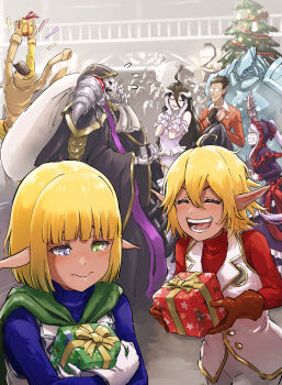 3girls 5boys ago ahoge ainz_ooal_gown albedo_(overlord) angry aura_bella_fiora bag bespectacled black_gloves black_hair black_hat black_robe blue_eyes blue_shirt blush bob_cut bow brother_and_sister brown_gloves cape capelet check_commentary christmas christmas_tree clenched_hands clenched_teeth closed_eyes clothing_cutout cocytus_(overlord) commentary_request crossdressing crossdressing_(mtf) dark-skinned_female dark-skinned_male dark_elf dark_skin dress elf flying_sweatdrops frilled_dress frilled_gloves frills gift glasses gloves green_cape green_eyes hands_on_own_face hat heterochromia highres holding holding_bag hood large_bow long_dress long_hair mare_bello_fiore multiple_boys multiple_girls ninjin_ika off-shoulder_dress off_shoulder open_mouth overlord_(maruyama) pandora's_actor pants pointy_ears ponytail purple_dress red_eyes red_shirt robe shalltear_bloodfallen shirt short_cape short_hair siblings smile spiked_hair striped_bow teeth thigh_cutout tongue trap very_long_hair vest white_dress white_gloves white_hair white_pants white_vest