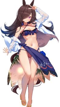 Rule 34 | 1girl, alternate costume, animal ears, bikini, blush, breasts, closed mouth, commentary request, full body, hair ornament, highres, horse ears, horse girl, horse tail, jacket, medium breasts, navel, purple eyes, rice shower (umamusume), sandals, swimsuit, tail, umamusume, v, yomean!