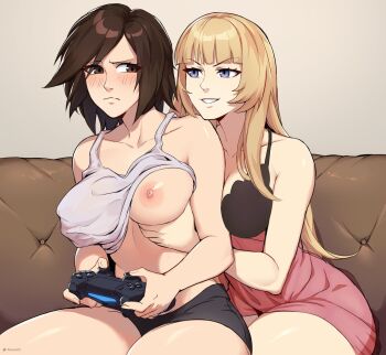 2girls allen_skies bare_shoulders blush breasts brown_eyes brown_hair cleavage controller emilie_de_rochefort game_controller gamepad grabbing_another&#039;s_breast grabbing_from_behind groping hand_under_clothes highres holding holding_controller holding_game_controller kazama_asuka large_breasts long_hair molestation multiple_girls naughty_face navel nipple_stimulation nipple_tweak nipples one_breast_out open_mouth playstation_controller short_hair tank_top tekken tomboy yuri