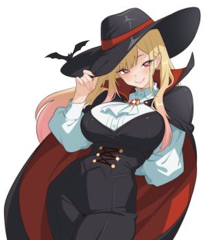 1girl absurdres adjusting_clothes adjusting_headwear arm_behind_back black_cape black_hat black_pants black_vest blonde_hair breasts brooch cape closed_mouth collared_shirt cowboy_shot glint halloween_costume hat highres jewelry kitagawa_marin large_breasts long_hair long_sleeves looking_at_viewer pants pink_nails red_eyes shirt simple_background smile solo sono_bisque_doll_wa_koi_wo_suru transparent_background vest vizaz white_shirt