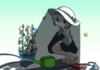 1girl absurdres black_eyes black_skirt bow braid braided_ponytail bug butterfly collared_shirt elbow_gloves expressionless flower gloves grey_hair hands_on_own_knees hashtag-only_commentary hat hat_bow highres insect kebamushi morning_glory sandals sekka_yufu shade shadow shirt skirt sleeveless sleeveless_shirt solo squatting trowel utau watering_can white_hat yellow_butterfly