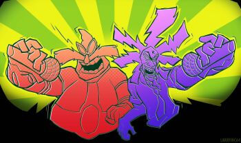 adventures_of_sonic_the_hedgehog artist_name bald bead_necklace beads black_background commentary cropped_torso crossover dj_professor_k dr._eggman english_commentary facial_hair facing_viewer forehead_tattoo glasses gloves goatee green_background highres holding holding_microphone jet_set_radio jet_set_radio_future jewelry larryinc64 long_hair male_focus microphone motion_lines mustache necklace necktie official_style open_mouth pince-nez purple_theme red_theme screentones sega shirt siivagunner simple_background sleeves_rolled_up smile sonic_(series) sunburst sunburst_background tattoo yellow_background