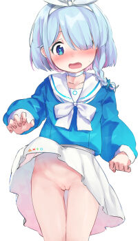 1girl absurdres arona_(blue_archive) blue_archive blue_eyes blue_hair blue_shirt blush bow braid cleft_of_venus commentary_request female_focus groin hair_bow hair_over_one_eye highres loli miniskirt no_panties okura-chan_(at_nya5) open_mouth pussy revision ribbon school_uniform serafuku shirt short_hair simple_background skirt solo thigh_gap thighs uncensored white_background white_skirt wind wind_lift