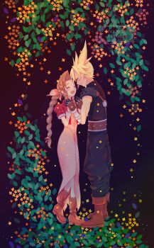 1boy 1girl 39cva absurdres aerith_gainsborough armor armored_gloves baggy_pants bandaged_arm bandages bangle belt black_pants black_shirt blonde_hair blush boots bracelet braid braided_ponytail brown_belt brown_boots center_opening closed_mouth cloud_strife couple cropped_jacket dress falling_flower final_fantasy final_fantasy_vii flower full_body gold_osmanthus hair_flower hair_ornament hair_ribbon hetero highres holding_hands interlocked_fingers jacket jewelry long_dress long_hair open_mouth orange_flower osmanthus pants parted_bangs pauldrons pink_dress pink_ribbon puffy_short_sleeves puffy_sleeves red_jacket ribbon shirt short_hair short_sleeves shoulder_armor sidelocks single_braid single_pauldron sleeveless sleeveless_turtleneck smile spiked_hair standing suspenders turtleneck