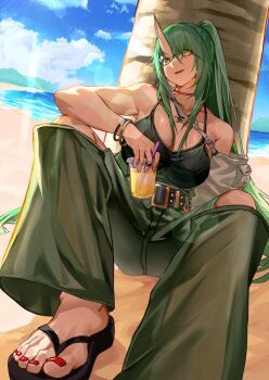 1girl arknights beach belt black_belt black_shirt bracelet choker collarbone cup green_hair green_pants highres holding holding_cup horns hoshiguma_(arknights) hoshiguma_(summer)_(arknights) jewelry long_hair nail_polish open_mouth pants ponytail red_nails ring sandals shirt single_horn skin-covered_horns solo studded_belt toenail_polish toenails tree tsugu0302 under_tree very_long_hair yellow_eyes