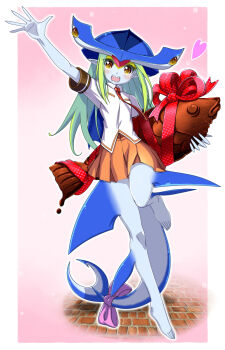 1girl arcana_heart barefoot blue_skin blush bow brick brick_floor carrying carrying_under_arm chocolate colored_skin feet fins fish_tail food green_hair heart highres holding holding_food monster_girl necktie open_mouth pink_ribbon pistrix pointy_ears ribbon school_uniform shark_girl shark_tail sharp_teeth short_sleeves skirt tail tail_bow tail_ornament teeth yellow_eyes