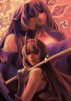 Rule 34 | 3girls, abstract background, acheron (honkai: star rail), alternate universe, artist name, bare shoulders, blunt bangs, bridal gauntlets, closed mouth, collarbone, commentary, detached collar, detached sleeves, empty eyes, english commentary, from side, genshin impact, hair between eyes, head tilt, highres, holding, holding sword, holding weapon, honkai: star rail, honkai (series), honkai impact 3rd, horns, in-franchise crossover, japanese clothes, katana, kimono, long hair, long horns, looking at viewer, looking to the side, mihoyo, mitsudomoe (shape), mole, mole under eye, multiple girls, nesuferi, off shoulder, official alternate costume, purple kimono, raiden mei, raiden mei (herrscher of thunder), raiden shogun, red horns, sawashiro miyuki, shade, shaded face, standing, sword, tomoe (symbol), upper body, voice actor connection, weapon